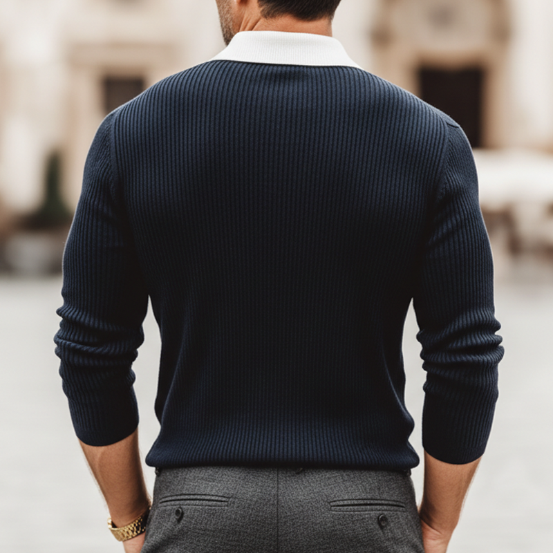 Men's Business Three-button Color-block Polo Neck Slim-fit Stretch Knitted Sweater MTZ1619A1U