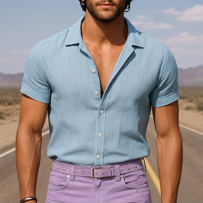Men's Retro Casual Solid Color Linen Lapel Short Sleeve Shirt MTA2097E1TO