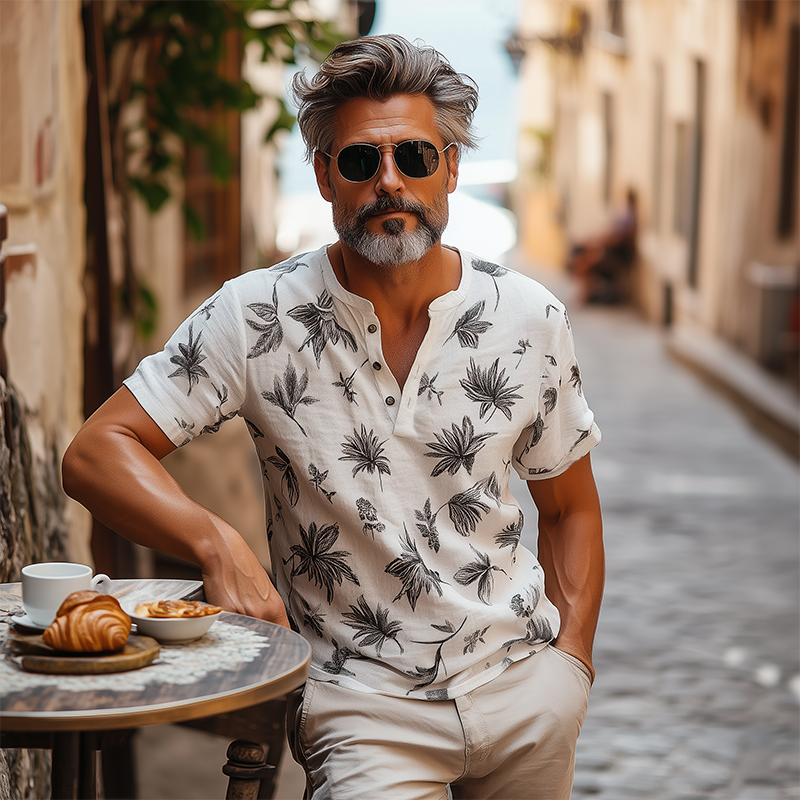 Men's Spring And Summer Fashion Casual Sicily Resort Style Cotton And Linen Printed Henley Collar Short-sleeved T-shirt MTA1042F2K