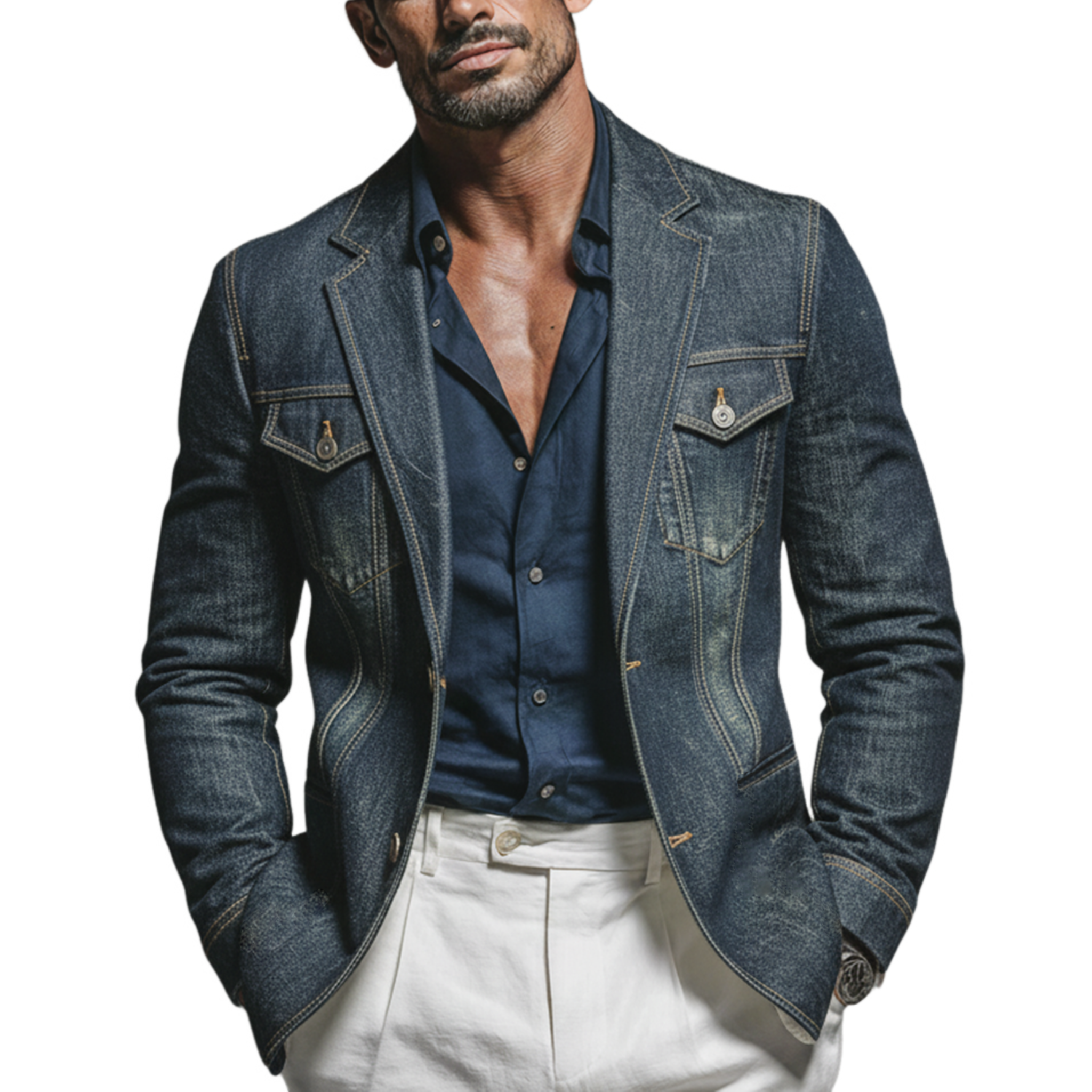 Men's Classic Casual Rugged Style Washed Denim Multi-pocket Single-breasted Blazer MTA3016K8K