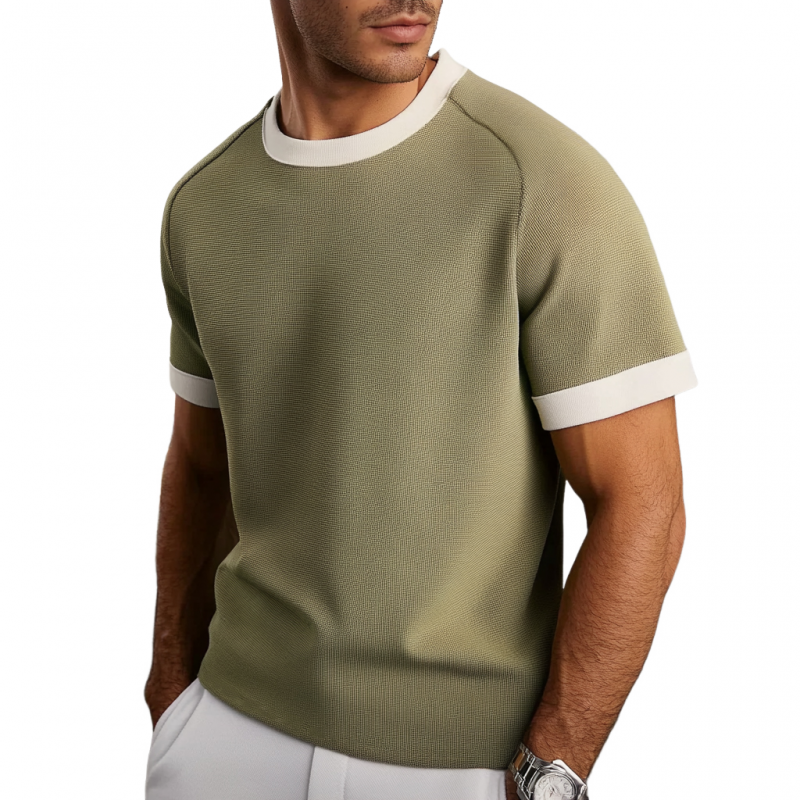 Men's Casual Contrast Color Round Neck Raglan Short Sleeve Slim Fit Knitted Sweater T-Shirt MTA1336E5M