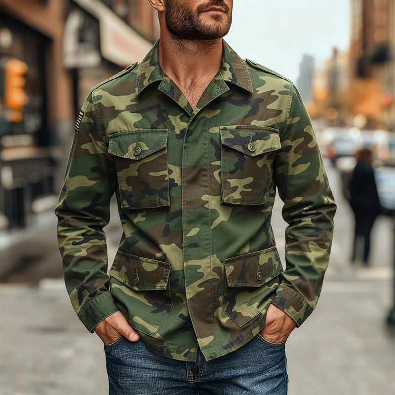 Men's Camouflage Print Lapel Multi-pocket Jacket MTA1343K4X