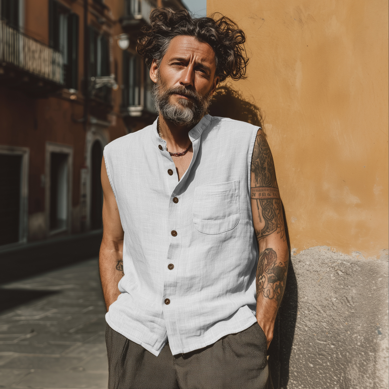 Men's Casual Breathable Linen Stand Collar Patch Pocket Loose Sleeveless Shirt MTA0379G1M
