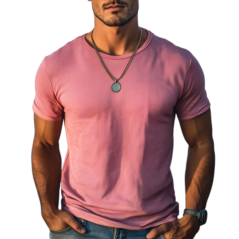 Men's Summer Round Neck Solid Color Knitted Short-sleeved T-shirt MTA2872G1U