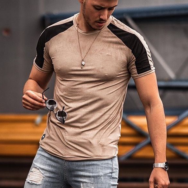 Herre T-skjorte med rund hals og korte ermer i kontrastfarge, avslappet sporty stil MTA0863G1X