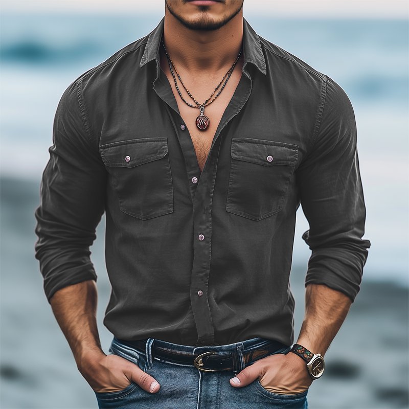 Men's Basic Solid Color Cotton Long Sleeve Shirt MTA2375G3U