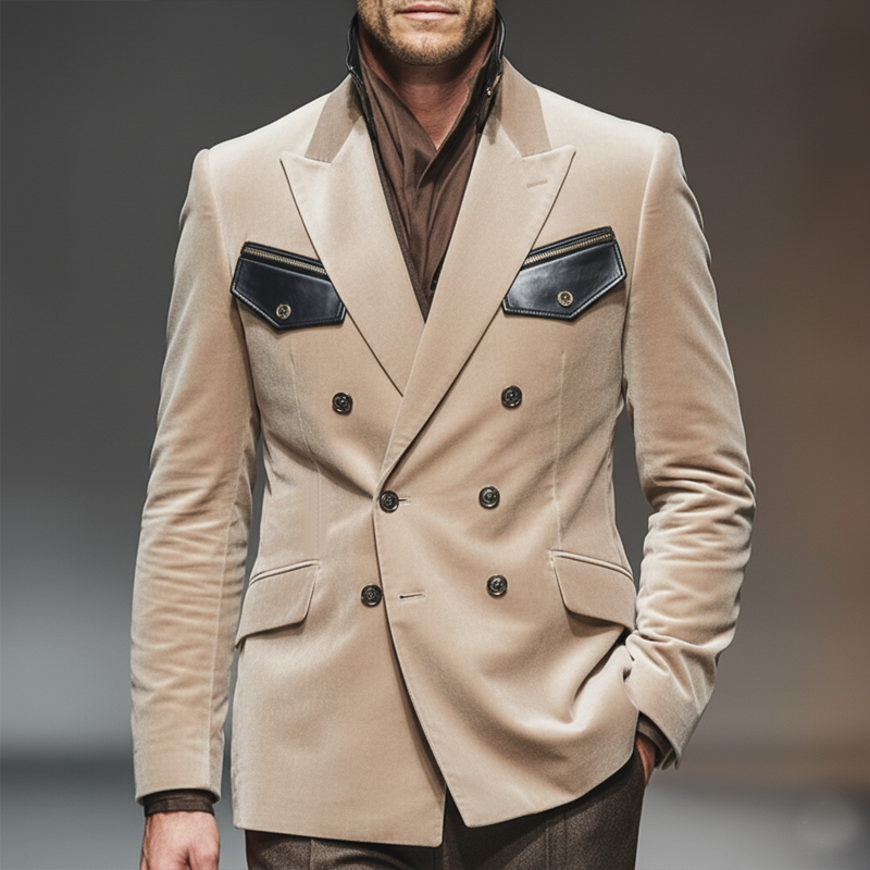 Men's Classic Velvet Double-breasted Single-vent Slim-fit Blazer MTA1749L5U