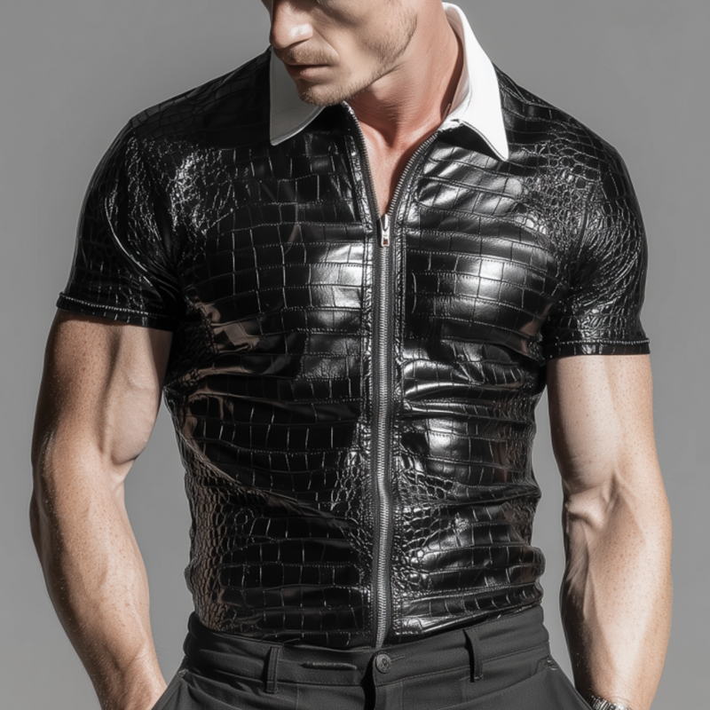 Men's Fashion Crocodile Pattern PU Contrast Color Patchwork Lapel Zipper Slim Short Sleeve Shirt MTA2775F9M