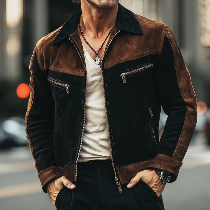 Men's Spring And Autumn Retro Colorblock Suede Zipper Jacket MTA2560H9U