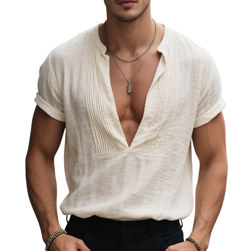 Men's Vintage Casual Cotton Solid Color Pleated V-Neck Short Sleeve Shirt MTA1840F0TO