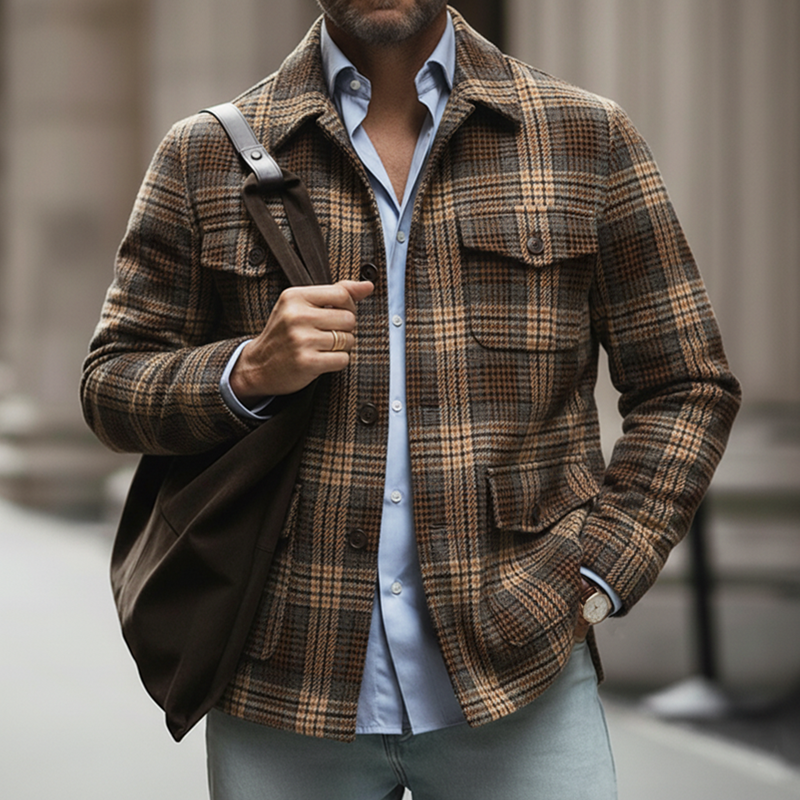 Men's Autumn/Winter Retro Business Plaid Brushed Faux Woolen Long-Sleeved Shirt MTA1177L9U