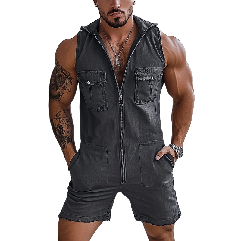 Herrejumpsuit med slitt, vasket glidelås og hette i denim med flere lommer, MTA2347F9Y
