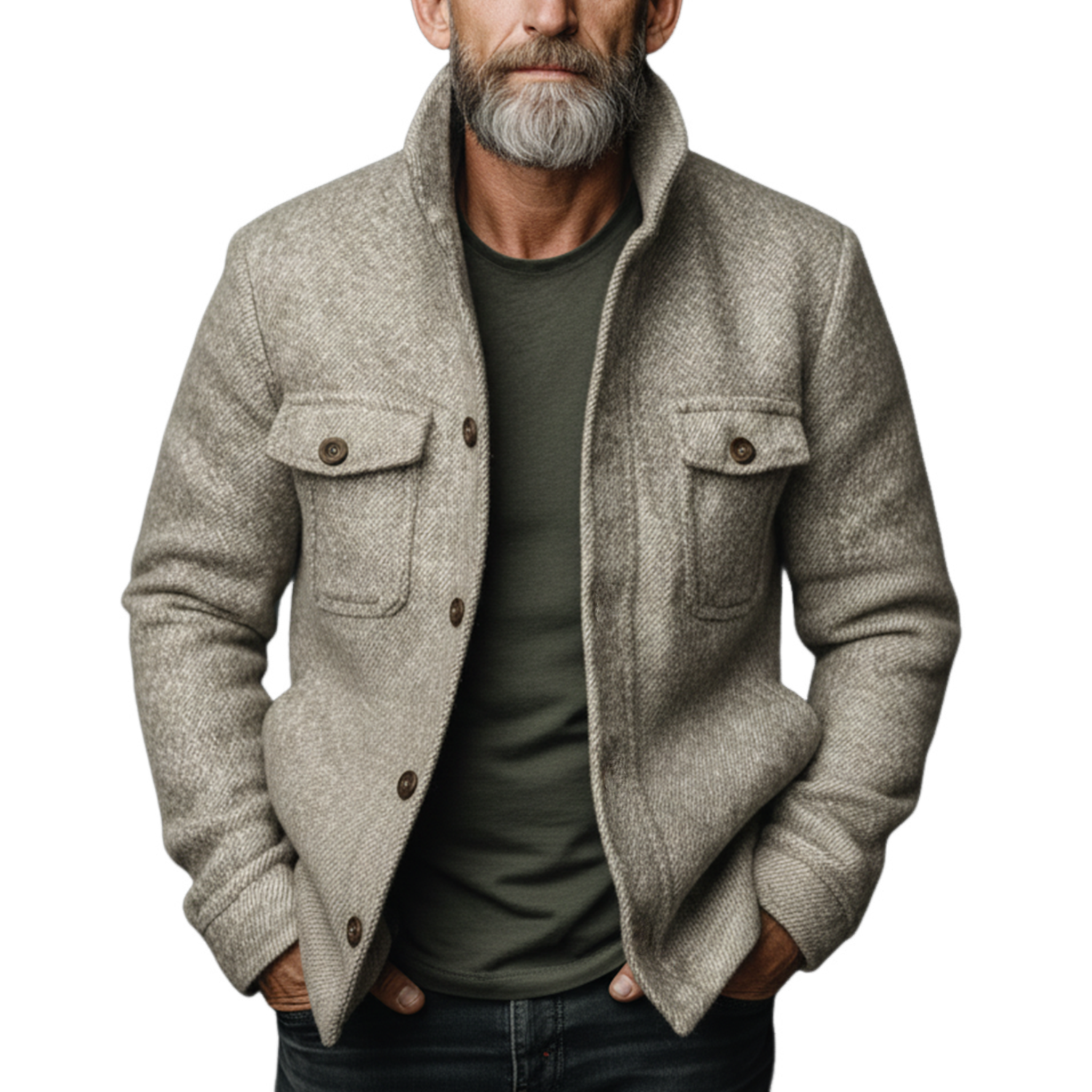 Men's Classic Retro Stand Collar Multi-pocket Faux Twill Woolen Jacket MTA2919I4K