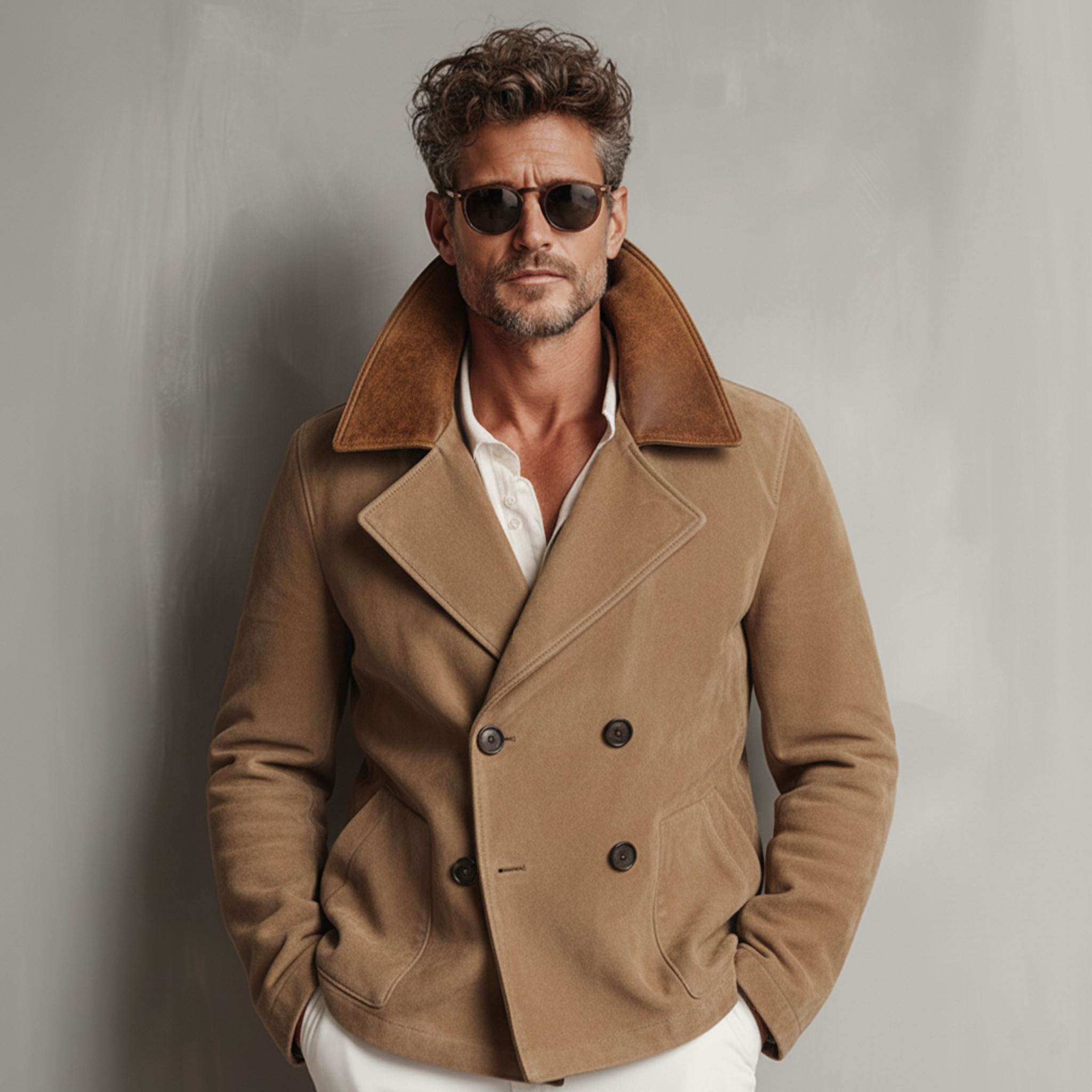 Men's Classic Retro Western Tough Style PU Leather Lapel Double-breasted Faux Suede Jacket MTA2235J5K