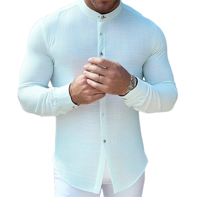 Men's Cotton And Linen Stand Collar Long Sleeve Shirt MTA3139G6X