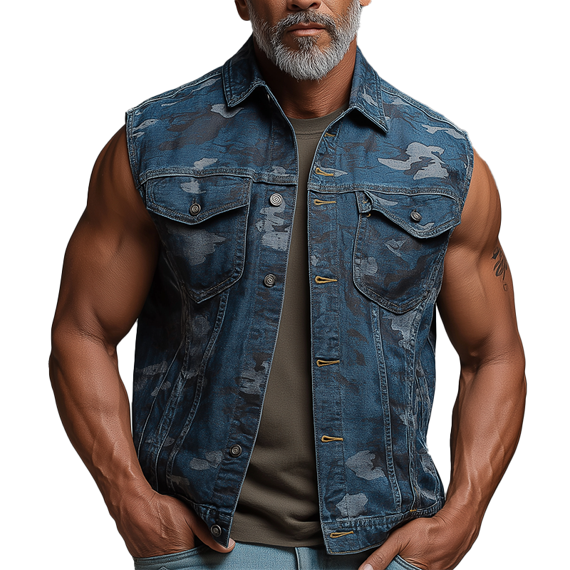 Men's Summer Fashion Camouflage Washed Denim Vest MTA0672F8P
