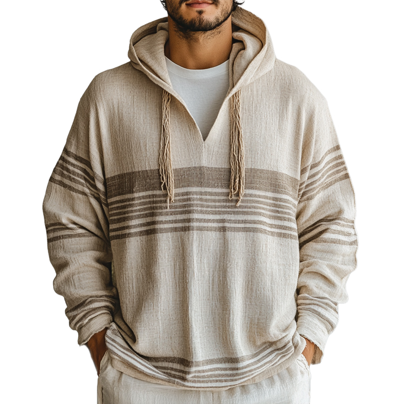 Men's Casual Loose Cotton and Linen Long Sleeve Hoodie 91032621U