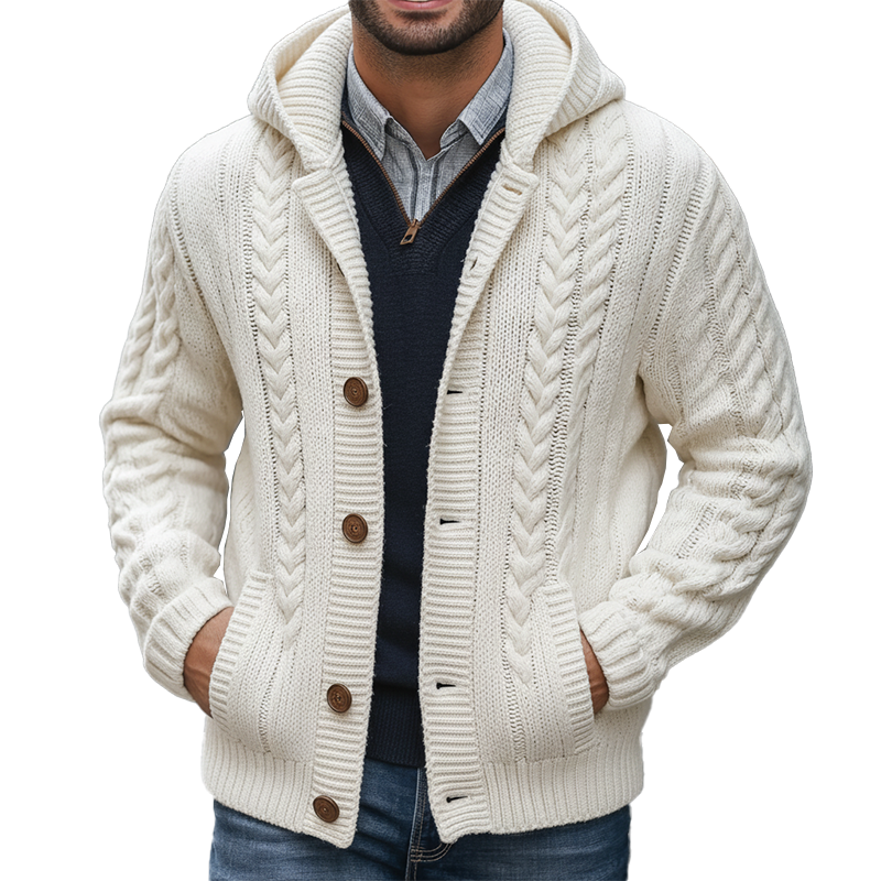 Men's Winter Simple Cotton Yarn Knitted Hooded Cardigan MTA0325K0P