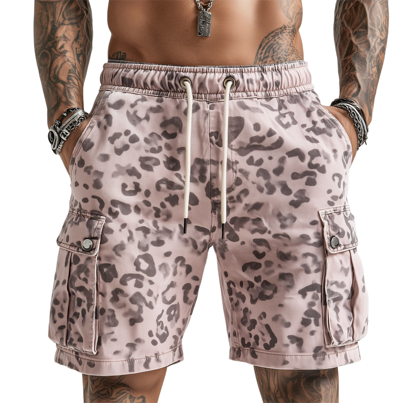 Men's Summer Leopard Print Elastic Lace-Up Cargo  Shorts MTA0986G6U