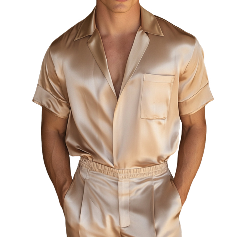 Men's Retro Casual Solid Color Satin Straight Shoulder Lapel Short Sleeve Shirt MTA0927E7TO