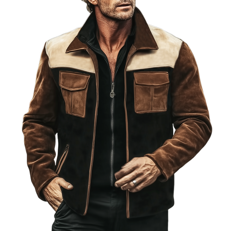 Men's Vintage Colorblock Suede Lapel Zip-Up Jacket MTA2871H0U