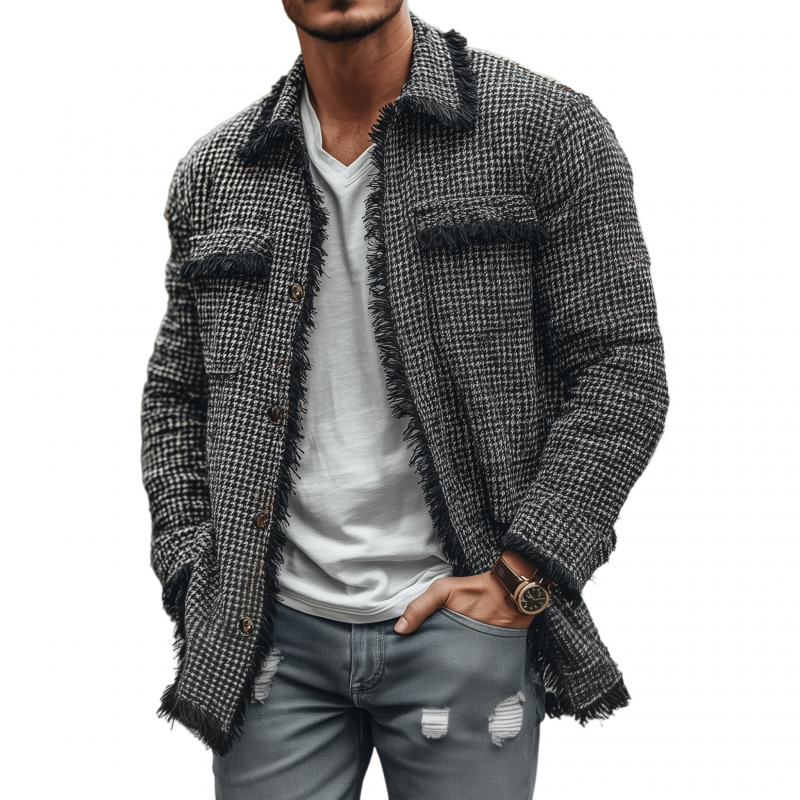 Men's Fashion Houndstooth Patchwork Tassel Edge Lapel Chest Pocket Single Breasted Mid-Length Jacket MTA1772G7M