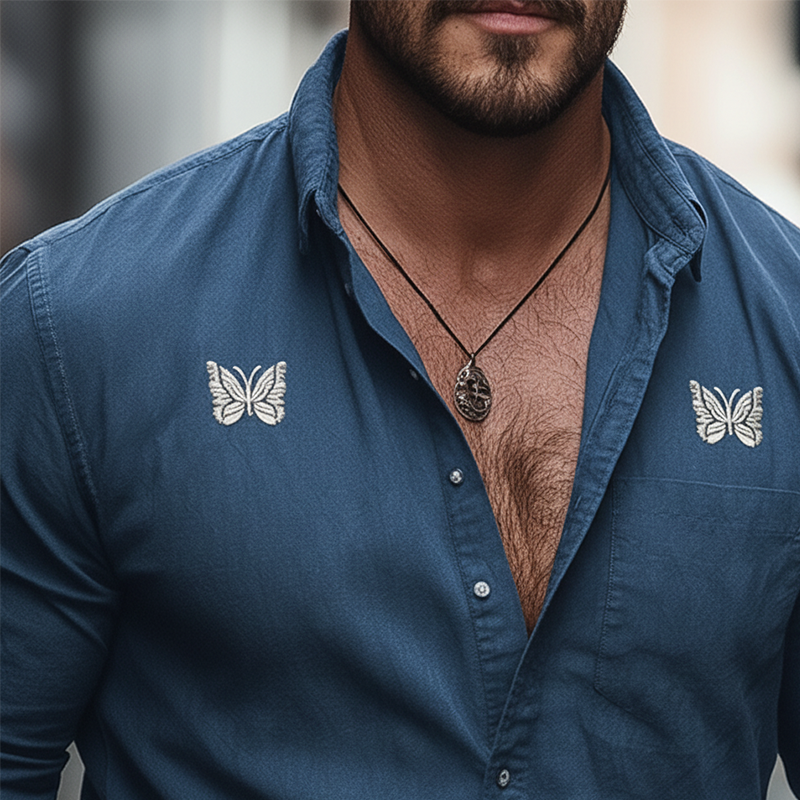 Men's Vintage Butterfly Embroidered Cotton And Linen Blend Long-sleeved Shirt MTA1671L0P