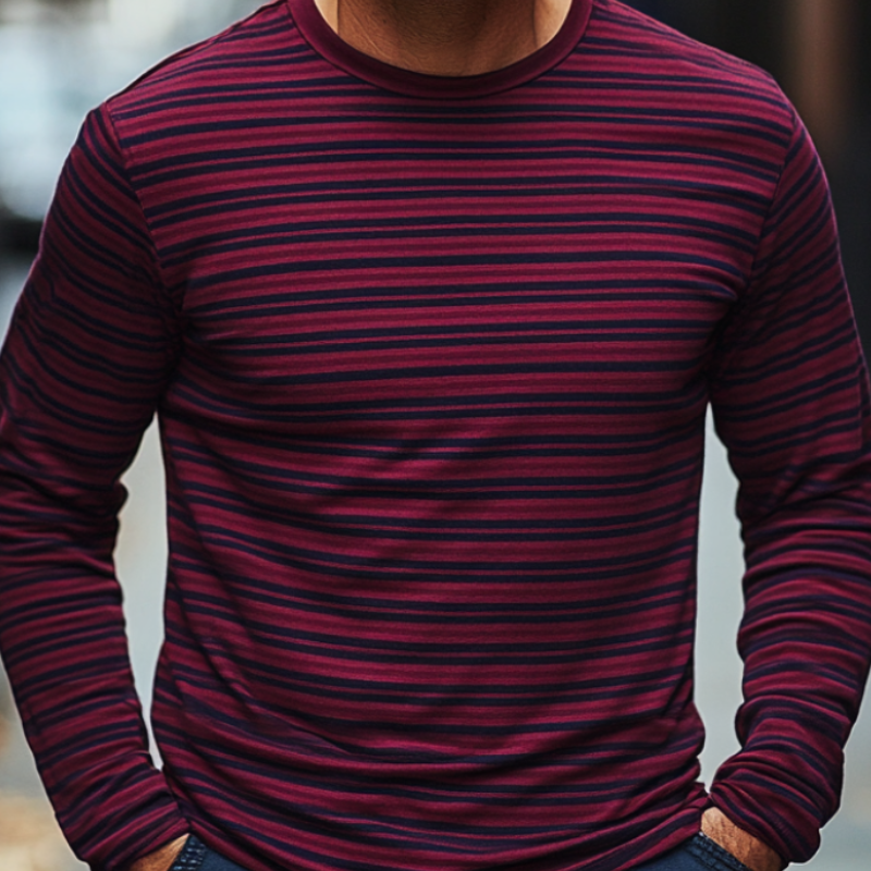 Men's Burgundy Striped Round Neck Long Sleeve T-Shirt 38558142F