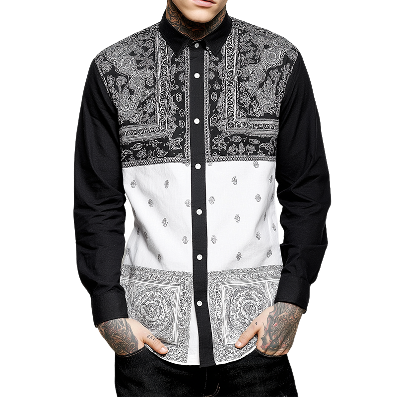 Men's Retro Casual Paisley Colorblock Lapel Long Sleeve Shirt MTA0667H9TO