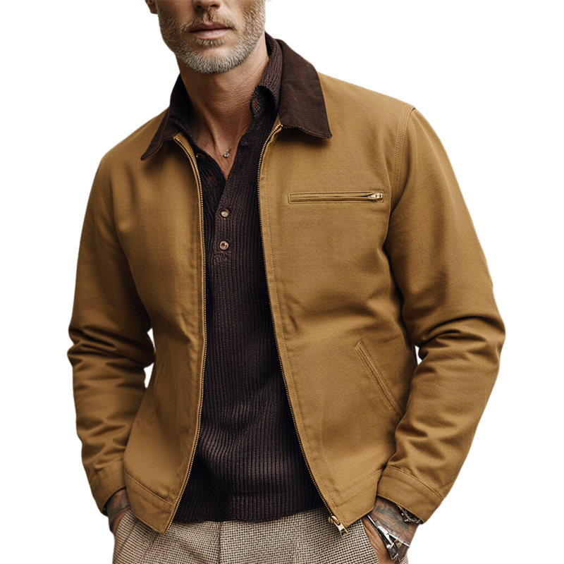 Men's Canvas Contrast Color Panel Workwear Zipper Multi-pocket Jacket MTA3025I4X