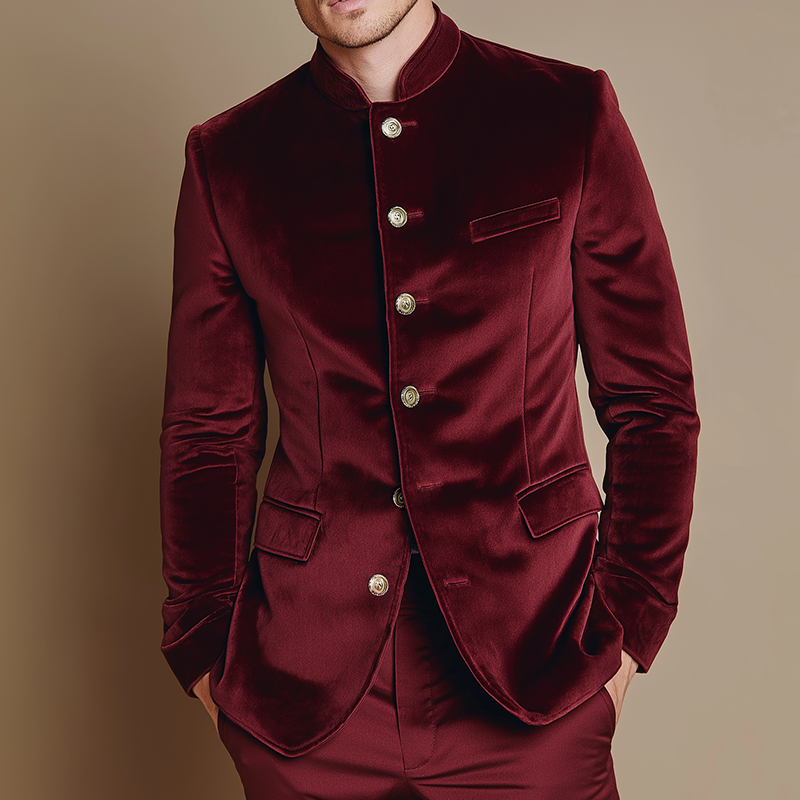 Men's Vintage Casual Velvet Single-Breasted Stand Collar Blazer MTA1390H1TO