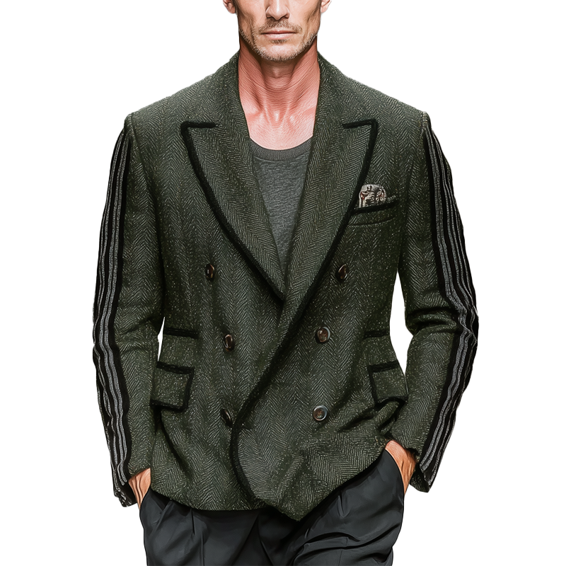 Men's Winter Fashion Contrast Edge Herringbone Faux Wool Double-breasted Jacket MTA2830I6P
