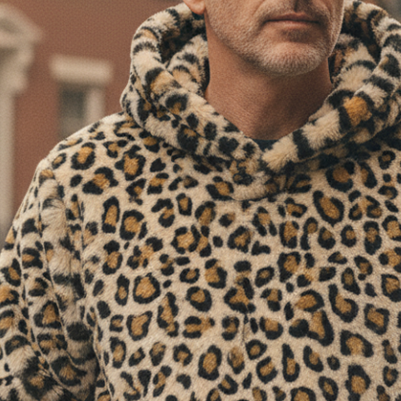 Men's Retro Casual Street Style Warm Leopard Print Plush Hoodie MTA2443I1TO