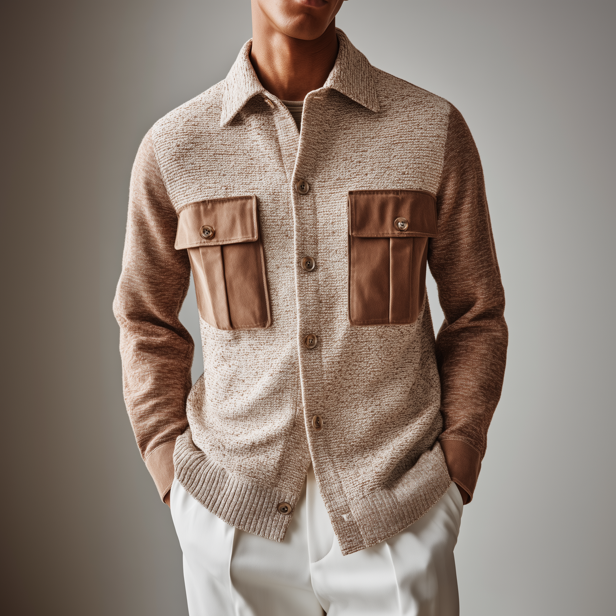 Men's Fashion Casual Pocket And Cuff Stitching Suede Lapel Knitted Long Sleeve Shirt Jacket MTA2930G2K
