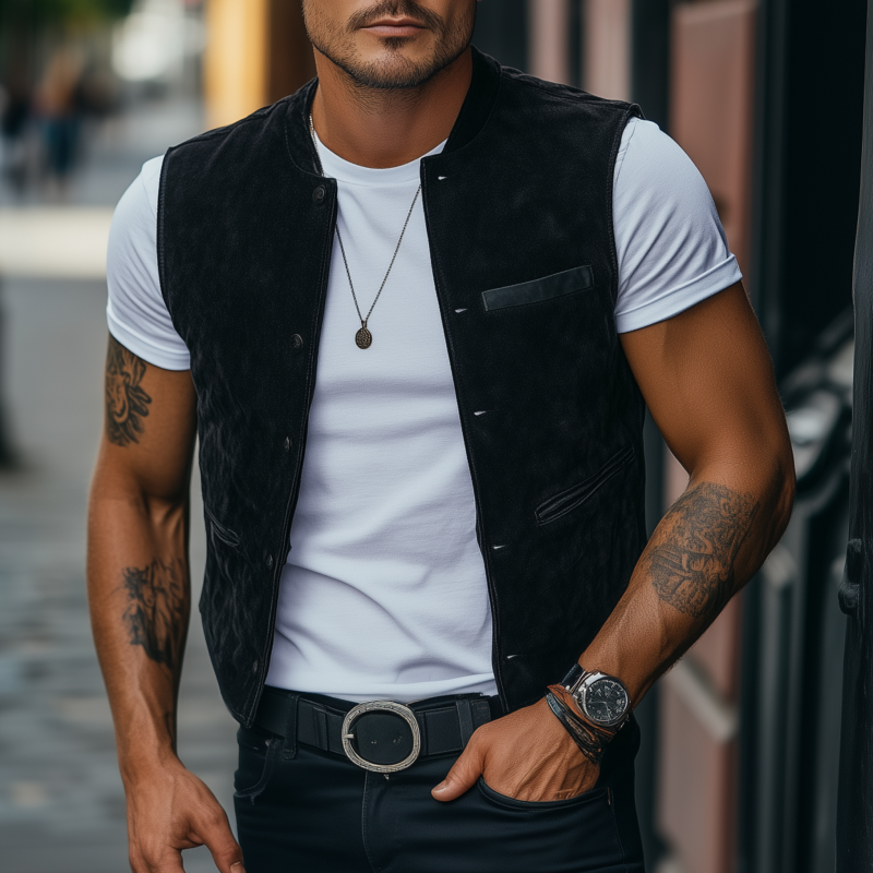 Men's Vintage Elegant Faux Suede Stand Collar Single Breasted Slim Fit Suit Vest MTA2419G8M