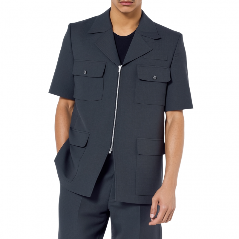 Men's Casual Solid Color Cotton Blend Notch Lapel Zipper Placket Multi-Pocket Short Sleeve Jacket MTA1549G1M
