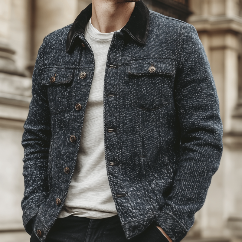 Men's Vintage Twill Patchwork Velvet Lapel Single-breasted Slim-fit Jacket MTA1916H6M