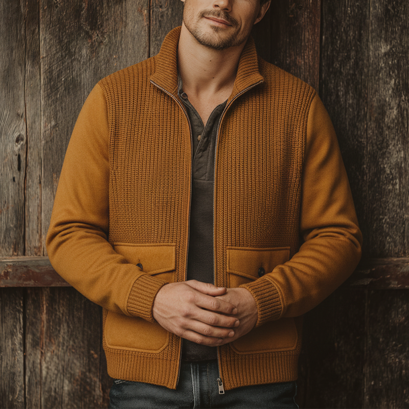 Men's Winter Cotton Yarn Knitted Patchwork Cotton Blend Zipper Cardigan MTA1377J8P