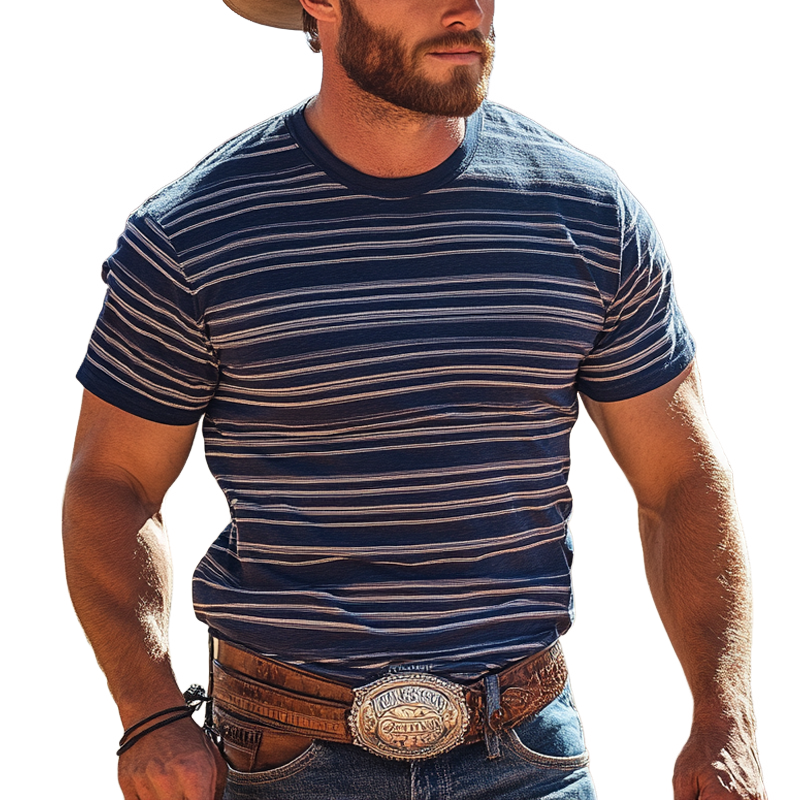 Herre t-skjorte med rund hals og korte ermer, stripete i western-cowboystil MTA2037E7Z