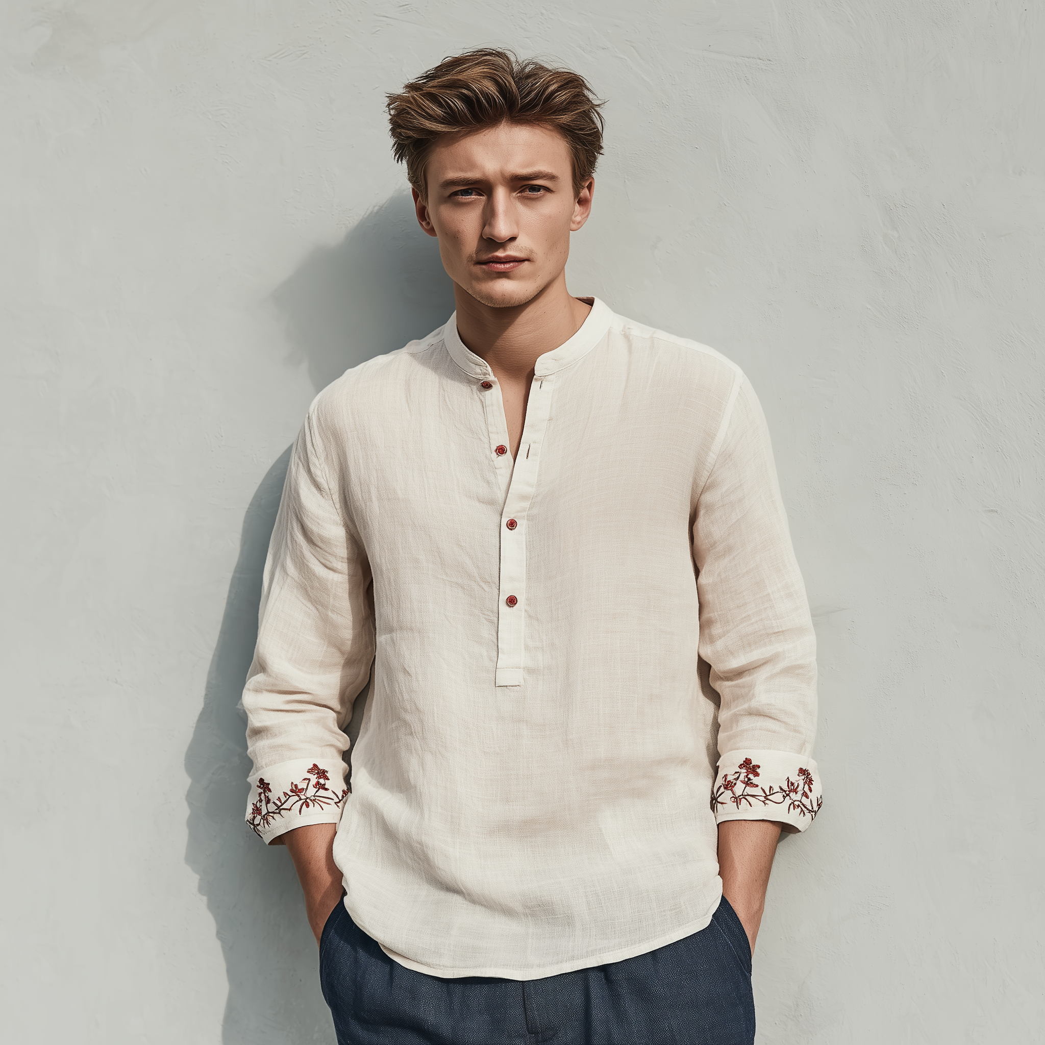 Men's Classic Casual Henley Collar Cotton And Linen Cuff Embroidery Loose Long Sleeve Shirt MTA2308G1K