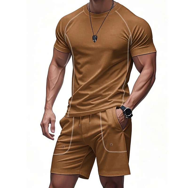 Men's Casual Solid Color Embroidered Short-sleeved Shorts Set MTA1761G7U