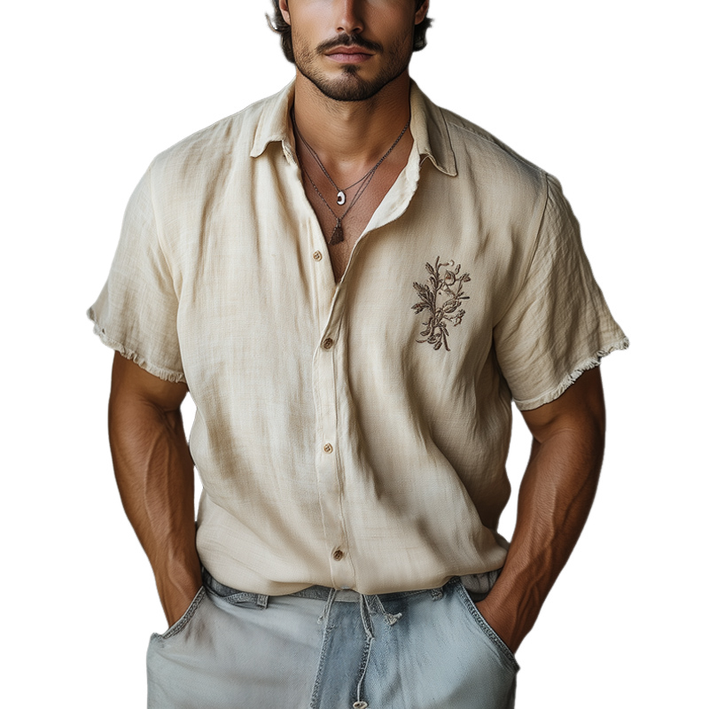 Men's Casual Skin-friendly Khaki Tencel Embroidered Short-sleeved Shirt 54465911U