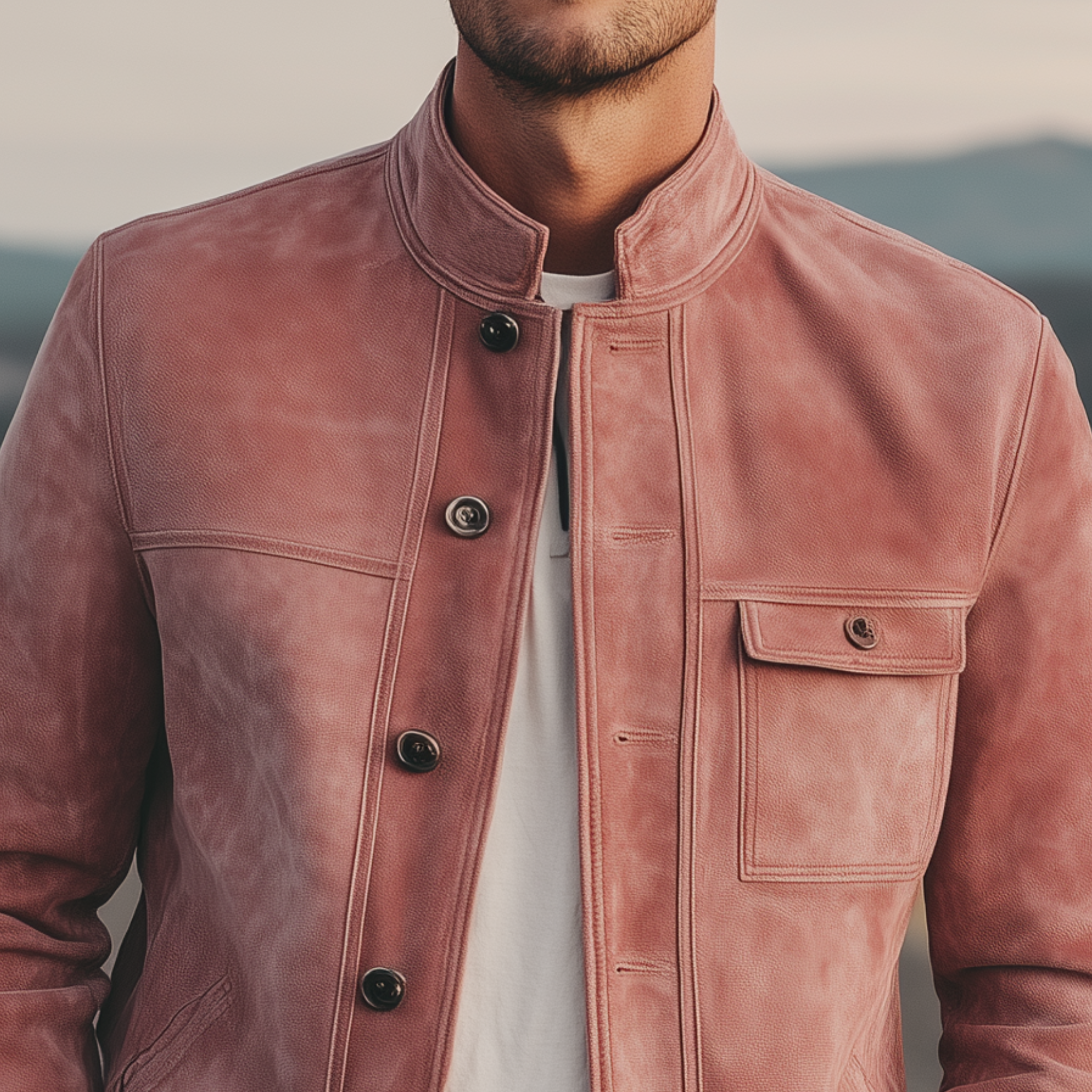 Men's Classic American Retro Stand Collar Pink Suede Placket Button Jacket MTA1883H9K