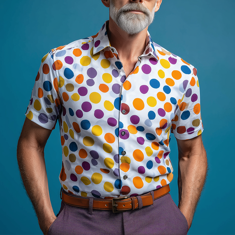 Men's Summer Fashion Polka Dot Printed Cotton Blended Short Sleeve Shirt MTA1150G0P