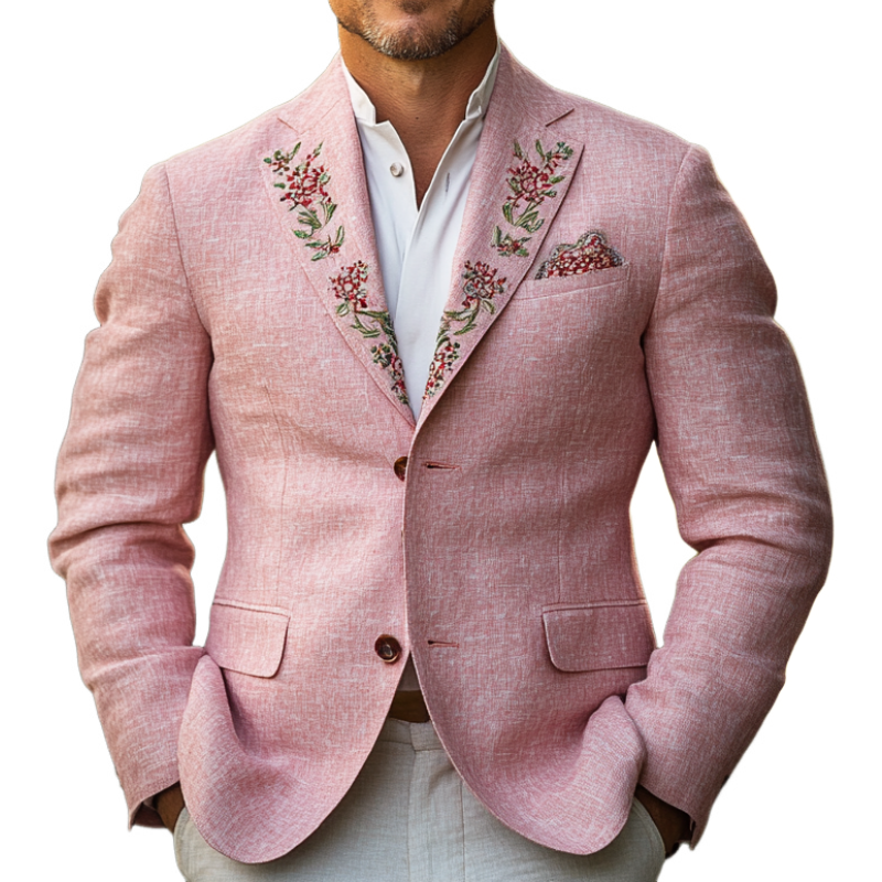 Men's Casual Comfort Linen Blend Embroidered Lapel Single Breasted Blazer 41619299F