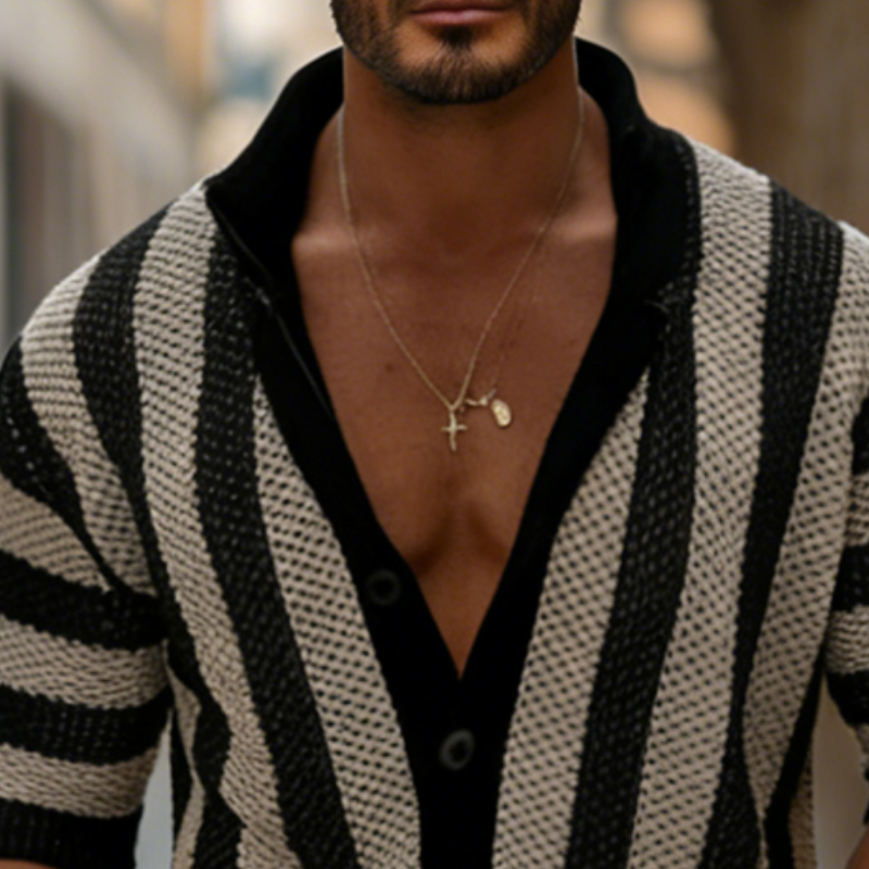 Men's Retro Casual Knit Striped Lapel Short-Sleeve Shirt MTZ2208A3TO