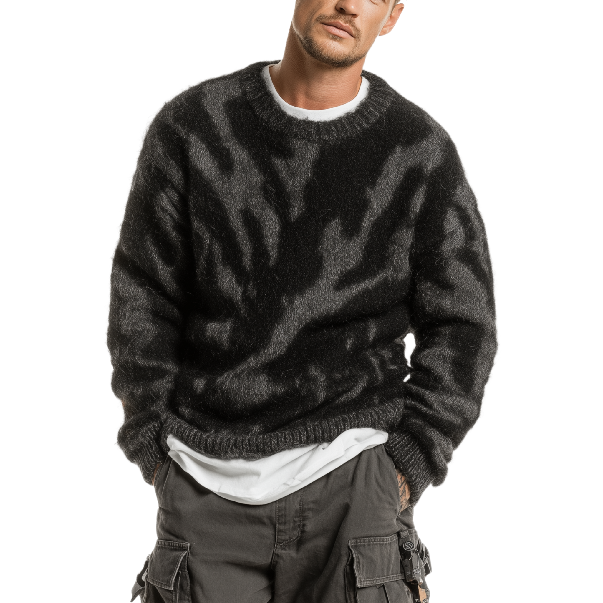 Men's Casual And Fashionable Round Neck Zebra Pattern Loose Sweater MTA1759J3K