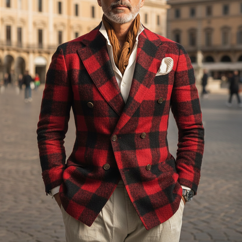 Men's Classic Plaid Double-Breasted Jacket MTA1939I3U