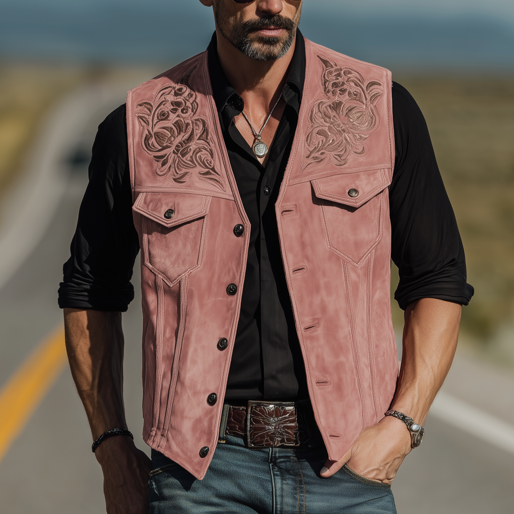 Men's Classic American Retro Western Style Pink Suede Embroidered Vest MTA1901H7K