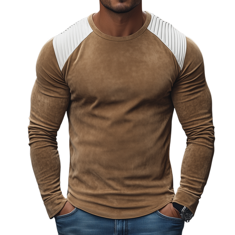 Men's Retro Casual Suede Pleated Round Neck Long Sleeve T-shirt MTA2184H2TO